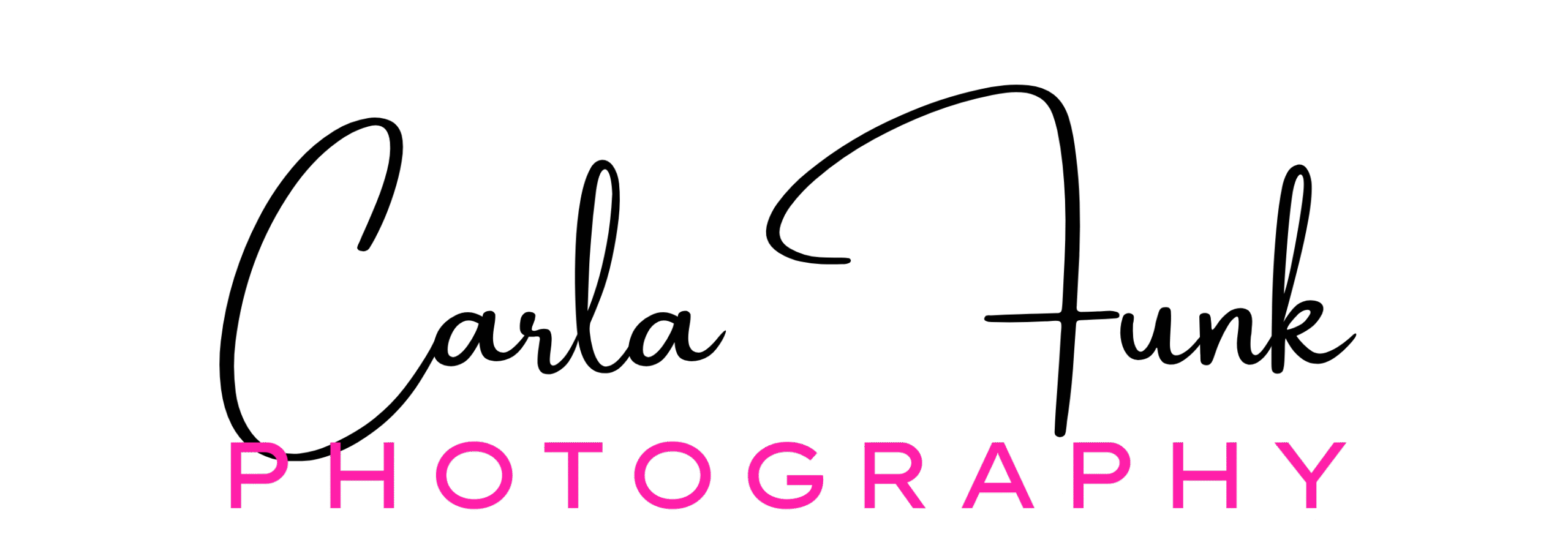 Carla Funk Photography logo with handwritten "Carla Funk" in black script and "PHOTOGRAPHY" in bold pink capitals below.