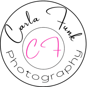 Circular logo with "Carla Funk Photography" text and "CF" initials in pink at center on white background.